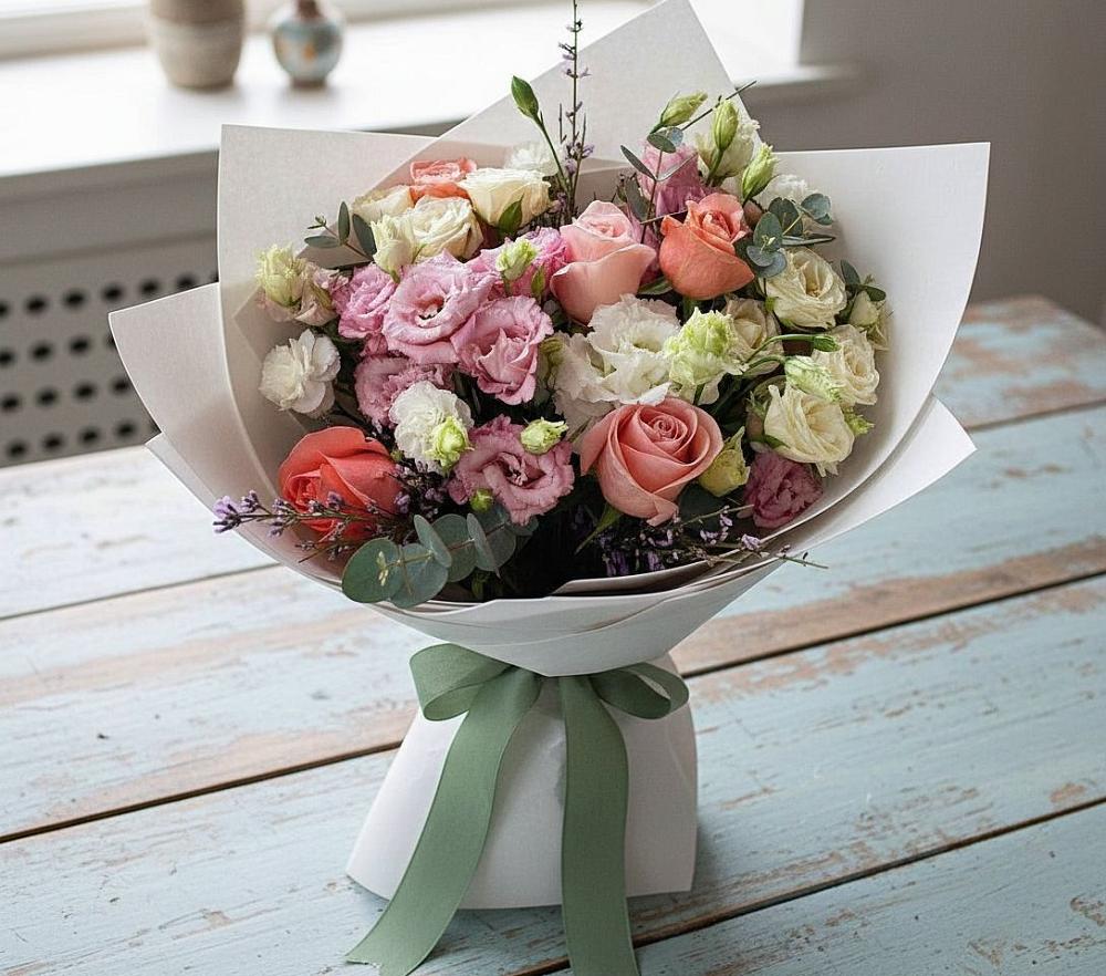 Букет цветов из: Розы, Лизиантусы и Гвоздики в Белеве